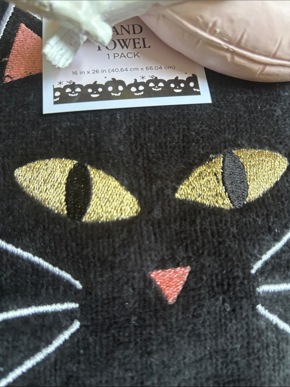 Cat-Themed Black Towel with Gold Eyes - Pink Skeleton Display Accent 2 pc - Picture 3 of 4